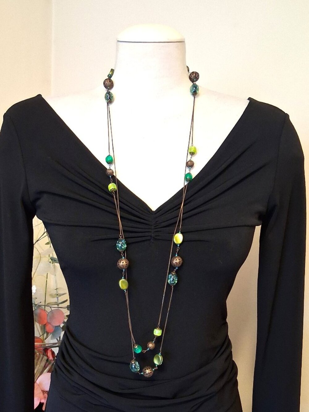 Vintage Colorful Beaded Handmade Long Necklace Double Brass Chain VTG Jewelry
